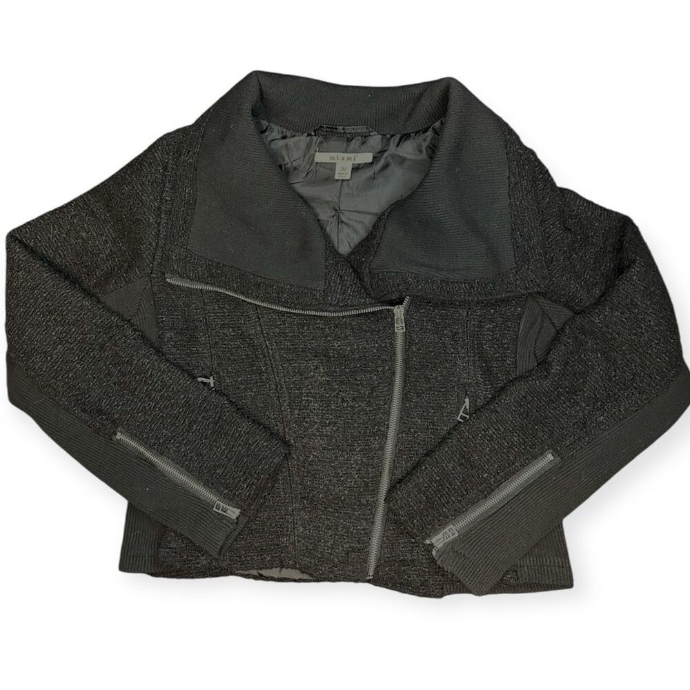 MIAMI Women’s Black Textured Knit Moto Zip Jacket Size Medium